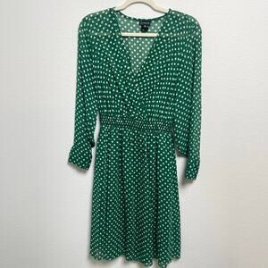 En Focus Petite Green Polka Dot Wrap Dress 10P Long Sleeve Fit & Flare Midi